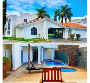 una casa blanca con piscina frente a ella en LA CASA BLANCA Suites Tepic SPA Familiar en Tepic