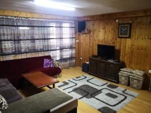 a living room with a couch and a tv at Mountain Lodge - Mavrovo in Mavrovo