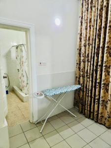 Private Rooms In Osu في آكرا: حمام مع مقعد وستارة دش