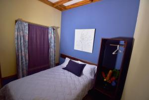 a bedroom with a bed and a blue wall at Hotel La Riviera in Sabalito