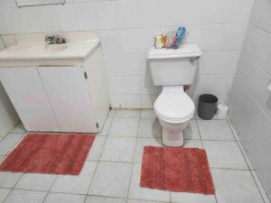a bathroom with a white toilet and a sink at Browne’s Oceanview Apartments in Arnos Vale