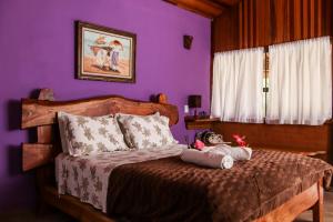 1 dormitorio con 1 cama con paredes moradas en Pousada Estalagem Mirante, en Aiuruoca