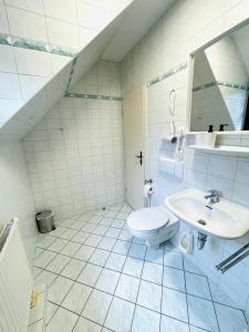 biała łazienka z umywalką i toaletą w obiekcie Pension Maria w mieście Rochlitz