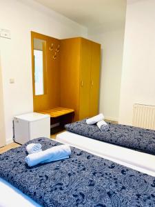 a room with two beds and a cabinet at Pension Maria in Rochlitz