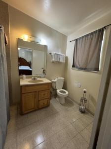 a bathroom with a toilet and a sink and a mirror at Hotel Coral Reef in Kapaa