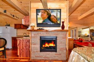 a living room with a fireplace with a tv above it at Mountain Love Nest in Gatlinburg
