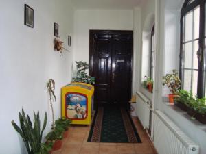 pasillo con puerta negra y nevera de juguete en Penzion Adria, en Turčianske Teplice