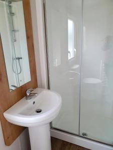 a white bathroom with a sink and a shower at Little Vatson in Pembrokeshire