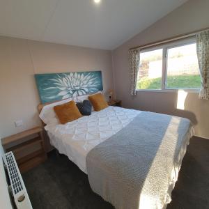 a bedroom with a large bed and a window at Little Vatson in Pembrokeshire