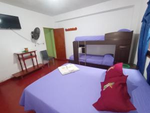 een slaapkamer met een bed en 2 stapelbedden bij Hostal Benjamin in Cafayate