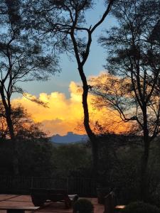 zachód słońca z drzewami i ławką na pierwszym planie w obiekcie Champagny Pousada w mieście Santo Antônio do Pinhal