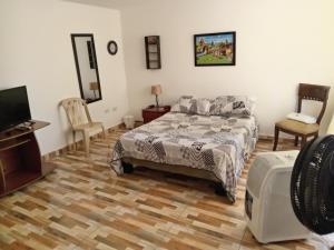 1 dormitorio con 1 cama, TV y sillas en Casa de renta vacacional Andy-Cali -Valle del Cauca en Cali