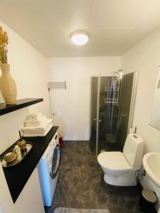 a bathroom with a washing machine and a toilet at Noah Longstay Skellefteå in Skellefteå