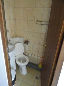 une petite salle de bain avec toilettes et lavabo dans l'établissement Pensiune Restaurant Avangarde, à Piteşti