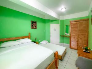 1 dormitorio con 2 camas y pared verde en La Flamboyant Hotel, en Roseau