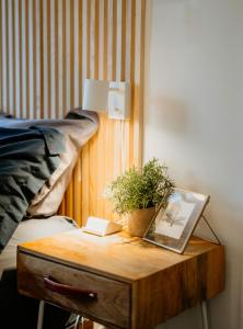 uma mesa de madeira com uma planta ao lado de uma cama em Private room with private bathroom and backyard em Brooklyn