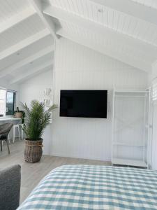 a living room with a flat screen tv on a wall at Hobbiton Pool House in Matamata