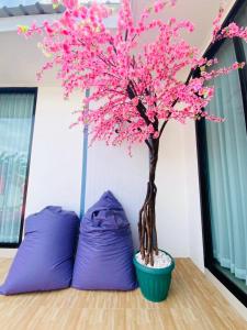 a tree in a blue pot next to two purple pillows at Patteera Pool Villa Sattahip in Sattahip