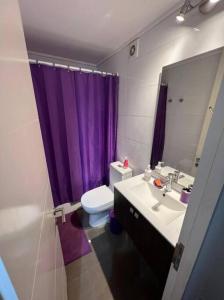 baño con cortina de ducha púrpura y aseo en Tu Mejor Opción., en Santiago