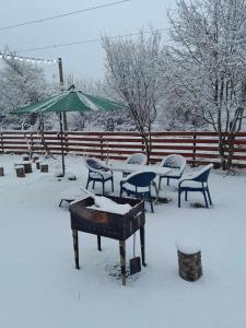 a table and chairs and an umbrella in the snow at BORJOMI CHALET WEEKEND in Tsemi