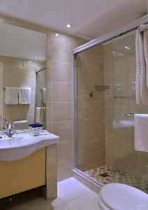 约翰内斯堡The Parktonian All Suite Hotel的带淋浴、水槽和马桶的浴室