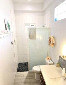 a white bathroom with a toilet and a sink at The Tiki Toucan Tropical Suite + Private Pool in Placencia Village