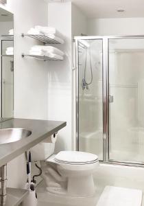 ein weißes Bad mit einem WC und einer Dusche in der Unterkunft Snob Hollow Inn Downtown Anchorage in Anchorage