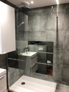 La salle de bains est pourvue d'une douche et d'un lavabo. dans l'établissement Maison au calme dans le var, à Roquebrune-sur Argens