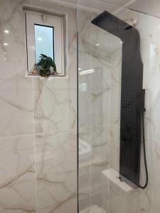 y baño con ducha y puerta de cristal. en Karydakis Properties en Zakynthos