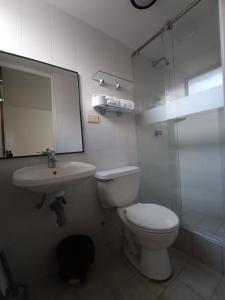 y baño con aseo, lavabo y ducha. en ARENA PARK, en Bogotá