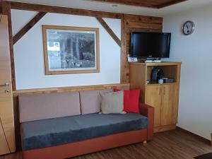 sala de estar con sofá y TV de pantalla plana en Modern Apartment in Langenfeld near Ski Area, en Längenfeld