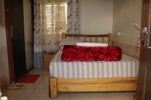 Un dormitorio con una cama con un objeto rojo. en WEST ORANGE LODGE, en Moshi