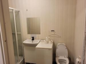 a white bathroom with a sink and a toilet at One Bedroom Apartment Kjeller Lillestrøm - 2 mins from OSLOMET in Lillestrøm