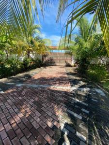 a brick walkway with palm trees in the background at Casa de Descanso en Monterrico in Monterrico