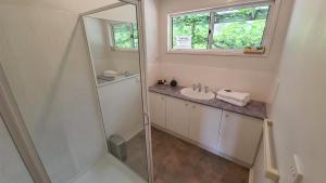 un baño con lavabo y espejo en Feathertop Views and Barn, en Wandiligong
