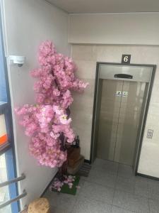 un albero con fiori rosa di fronte a un ascensore di Halla guest house a Jeju