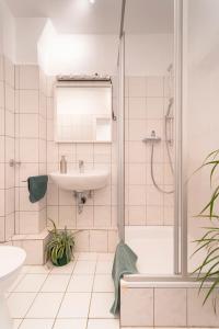 a bathroom with a shower and a sink at Akram Appartement III - Ruhig, Stadtnah in Hildesheim