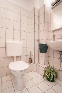 a white bathroom with a toilet and a sink at Akram Appartement III - Ruhig, Stadtnah in Hildesheim