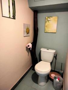 La salle de bains est pourvue de toilettes et d'un arbre sur le mur. dans l'établissement Gîte de France à Saillac 3 épis - Gîte de France 4 personnes 444, à Saillac