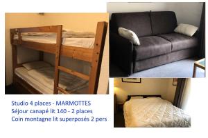 two pictures of a bunk bed and a couch at Résidence MARMOTTES - Studio pour 4 Personnes 924 in Gourette