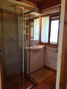 W łazience znajduje się szklana kabina prysznicowa i umywalka. w obiekcie Gîte de France De la bergerie 2 épis - Gîte de France 4 personnes 104 w mieście Neuvic