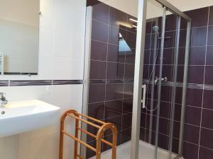 y baño con lavabo y ducha. en Gîte de France Gîte de duroux 3 épis - Gîte de France 6 personnes 134 