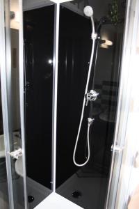 ラ・モンジーにあるAppartement à la Mongie avec accès direct aux pistes - Appartement 3 Pièces 6 personnes MAE-1230のガラスドア付きの浴室のシャワー
