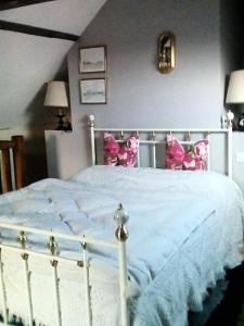 1 dormitorio con cama blanca y almohadas rosas en Gîte de France à Chaveroche 2 épis - Gîte de France 2 personnes 664, 