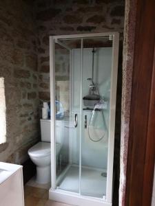 uma cabina de duche em vidro numa casa de banho com WC em Gîte de France Des alpagas 3 épis - Gîte de France 6 personnes 784 em Chaumeil