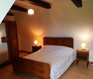 um quarto com uma cama e duas lâmpadas em duas mesas em Gîte de France à Saint-Martin-la-Méanne 2 épis - Gîte de France 5 perso 854 em Saint-Bazile-de-la-Roche