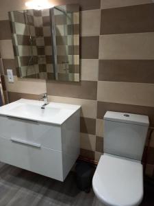 ein Badezimmer mit einem weißen Waschbecken und einem WC in der Unterkunft Gîte de France Gratte bruyère 3 épis - Gîte de France 8 personnes 984 in Sérandon