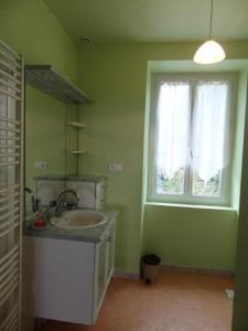 a green bathroom with a sink and a window at Gîte de France à Allassac 3 épis - Gîte de France 4 personnes MAE-9994 in Allassac