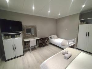 a bedroom with a bed and a desk with a television at Merinorus Gastehuis in Willows
