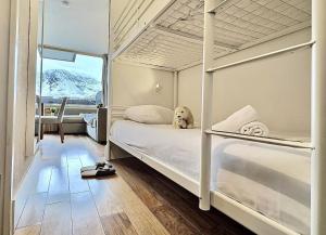 a bedroom with a bunk bed with a dog sitting on it at Résidence Home Club - Studio pour 4 Personnes 71 in Tignes